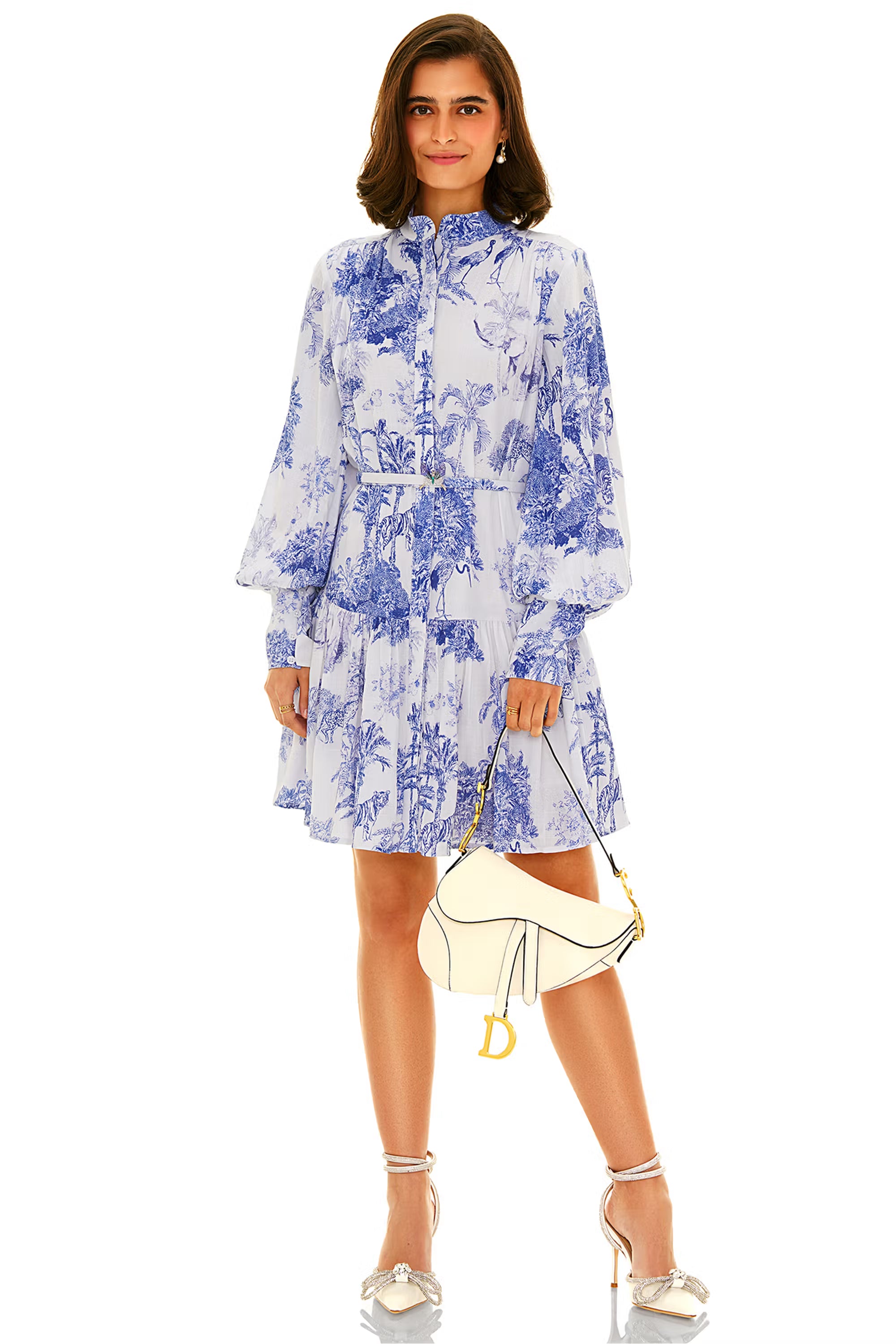Front view of blue and white floral mini dress with long sleeves