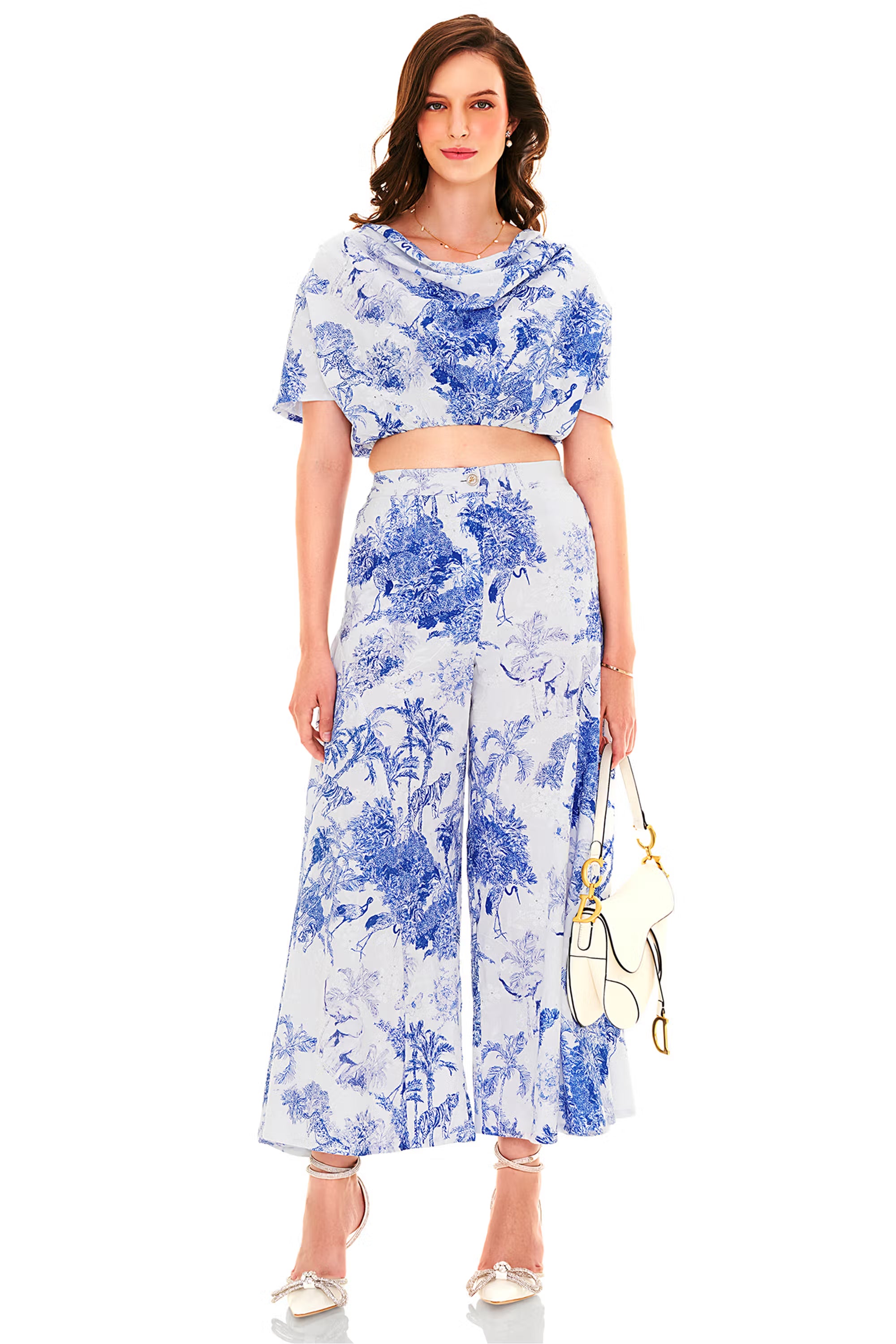 Blue and white printed co-ord set with crop top and wide-leg pants, front view