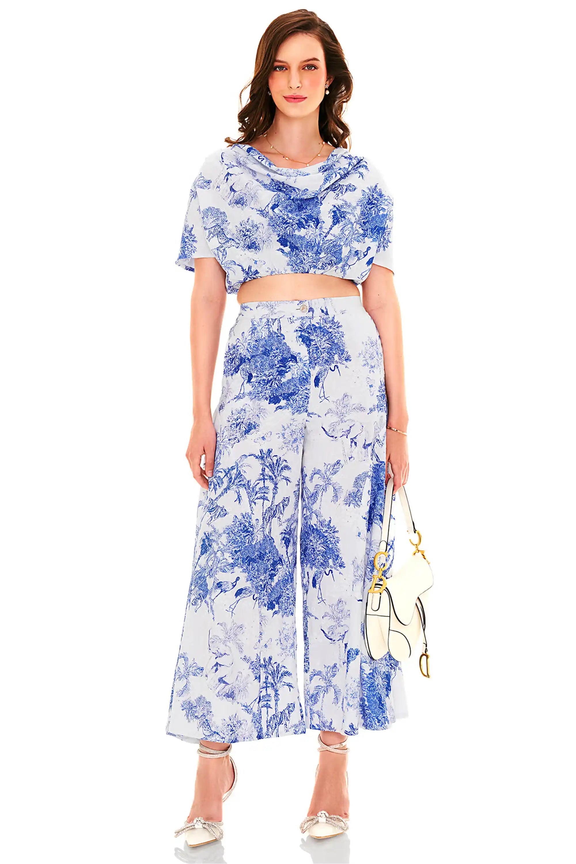 Blue white printed crop top and wide leg pants front view