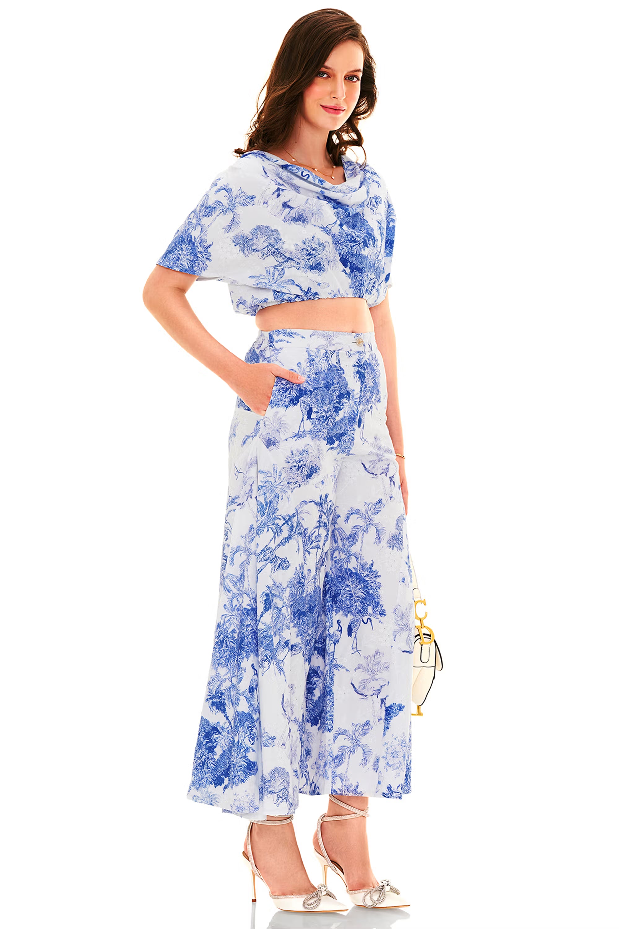Blue and white printed co-ord set with crop top and wide-leg pants, side view