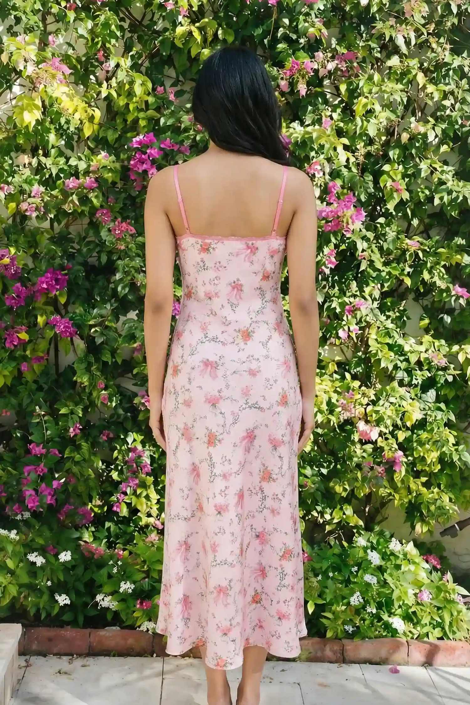 Pretty Pixie blush floral bow print lace bustier slip maxi dress back view spaghetti strap