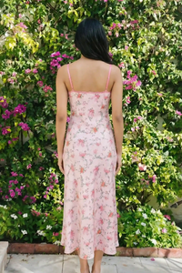 Pretty Pixie blush floral bow print lace bustier slip maxi dress back view spaghetti strap