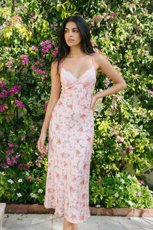 Blush Floral Bow Print Lace Bustier Slip Maxi Dress