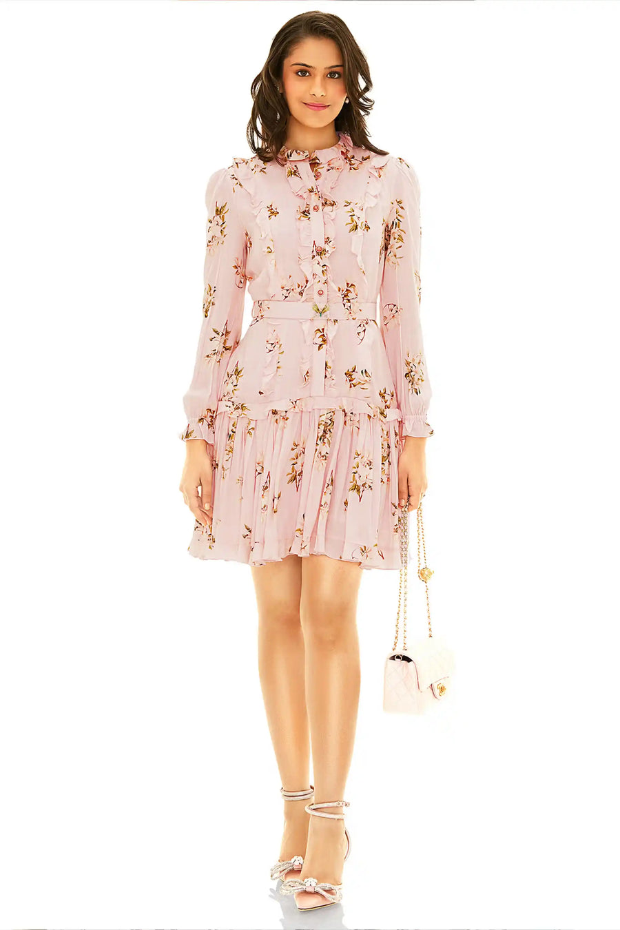 Hannah Ruffled Pink Floral Belted Mini Dress — breathable organic clothing Pretty Pixie India