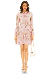 Pretty Pixie blush floral long sleeve mini dress ruffle detail