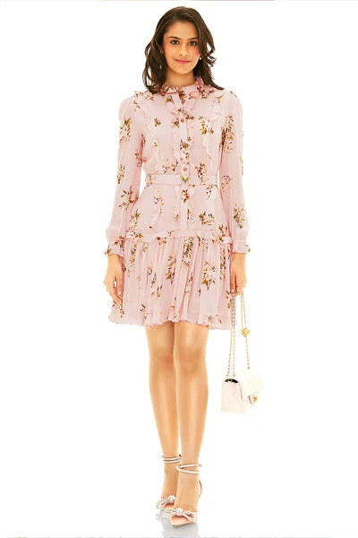 Blush floral ruffle mini dress with long sleeves and belt, front view