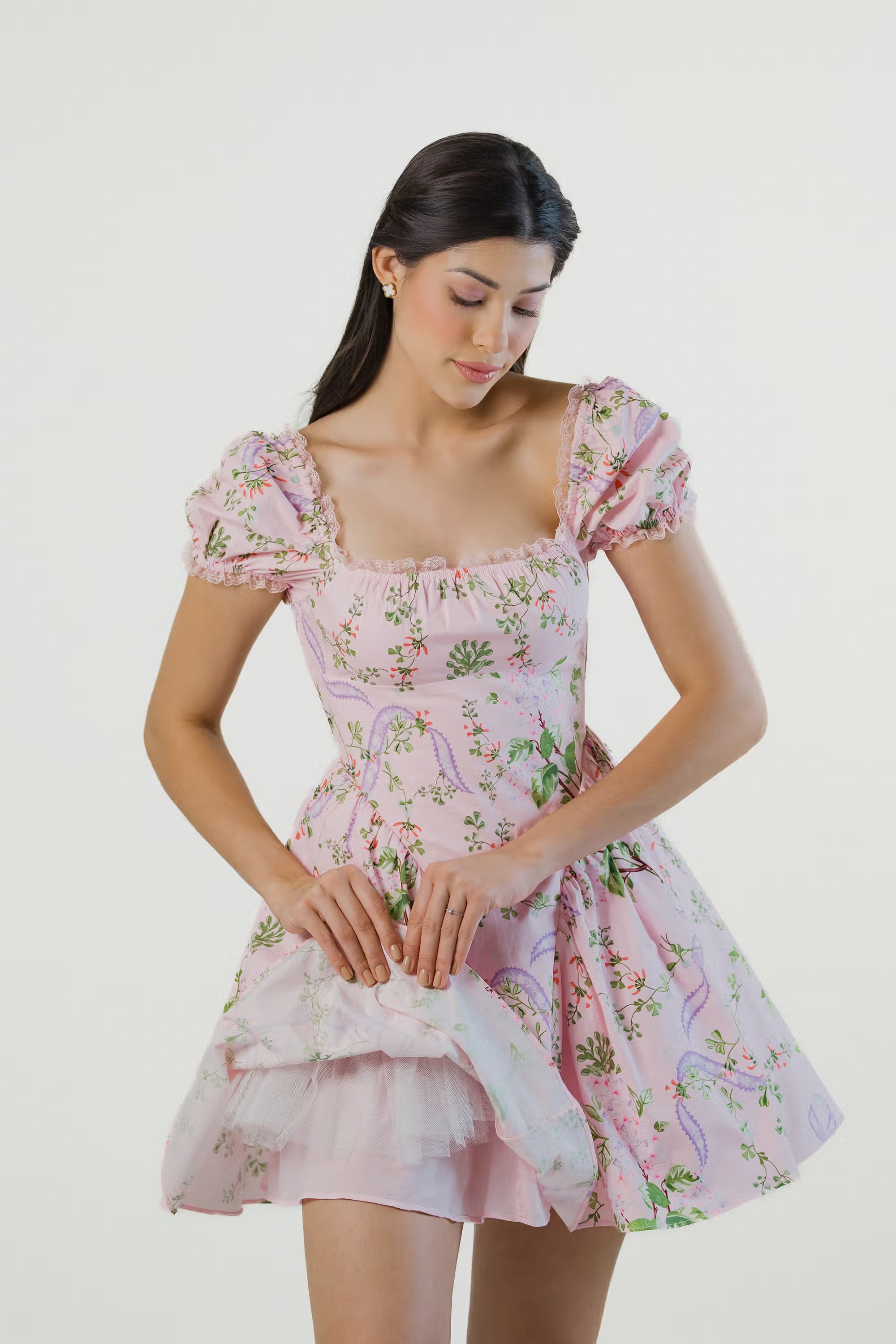 Blush pink floral puff sleeve mini dress with square neckline and fit-and-flare skirt 