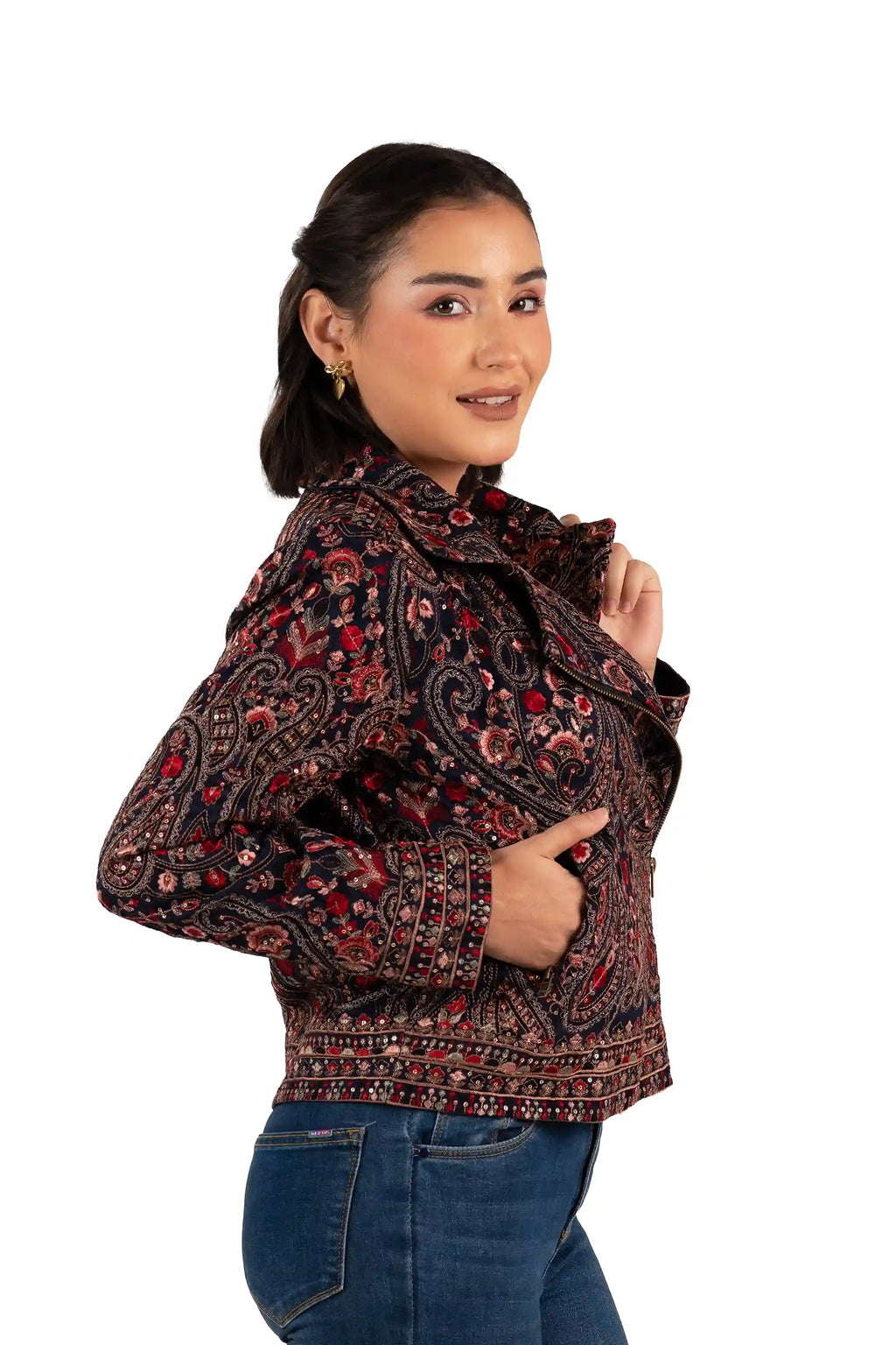 Elegant women’s embroidered velvet jacket with floral paisley design by Pretty Pixie, ideal for festive and casual wear.