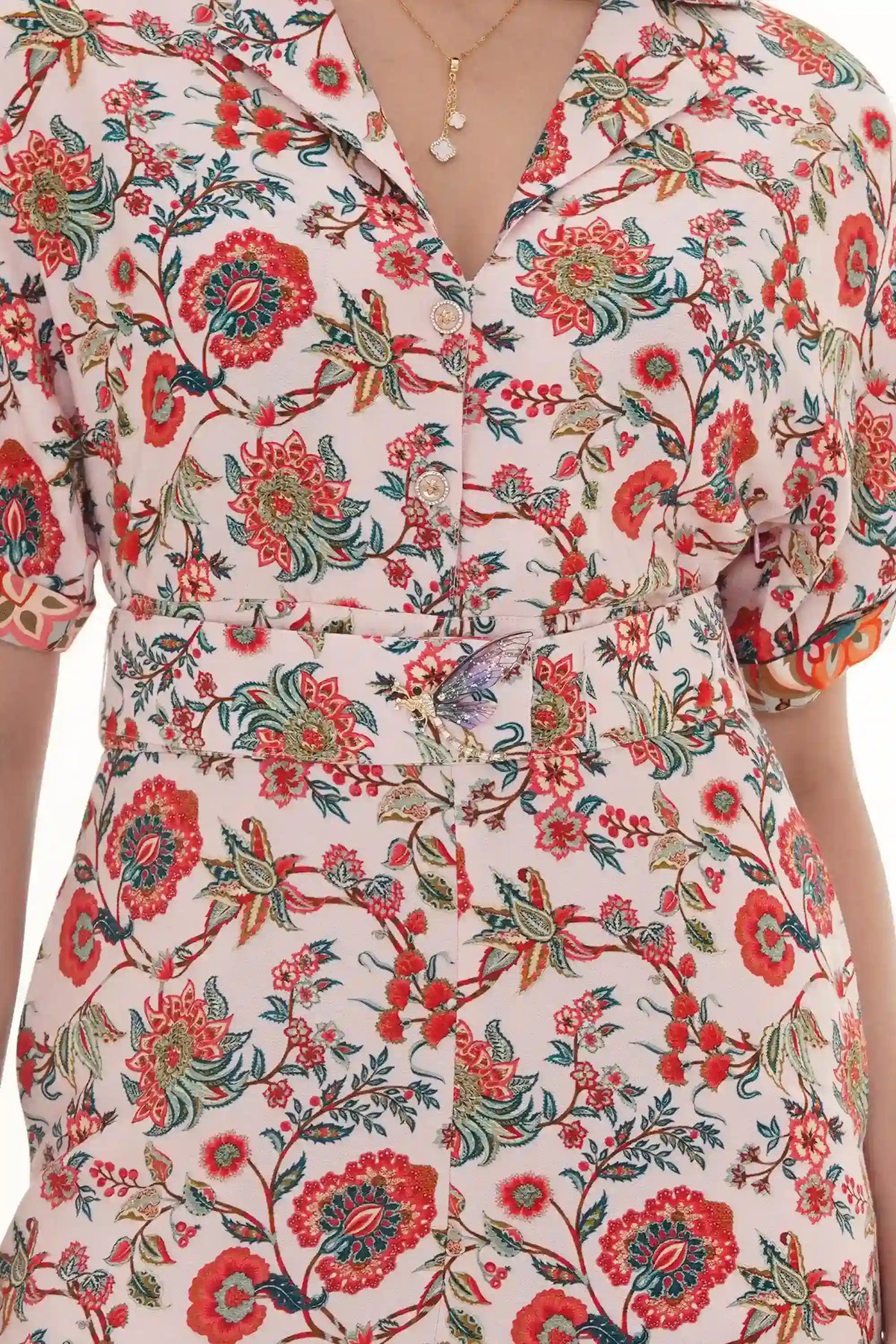 Close-up of Pretty Pixie red botanical V-neck belted shirt midi dress