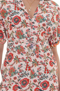 Close-up of Pretty Pixie red botanical V-neck belted shirt midi dress