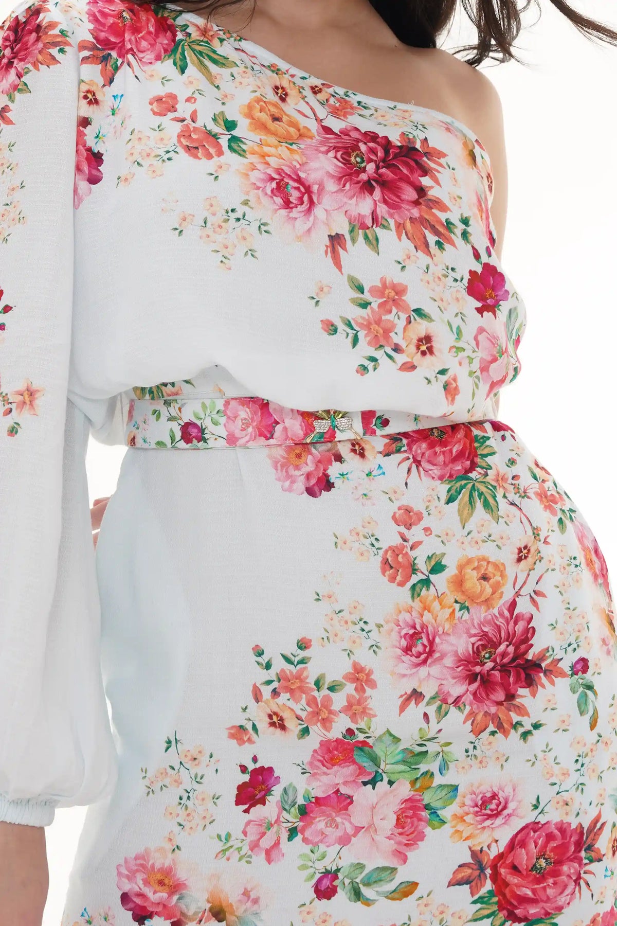 Close-up of Pretty Pixie red botanical V-neck belted shirt midi dress, fabric detail