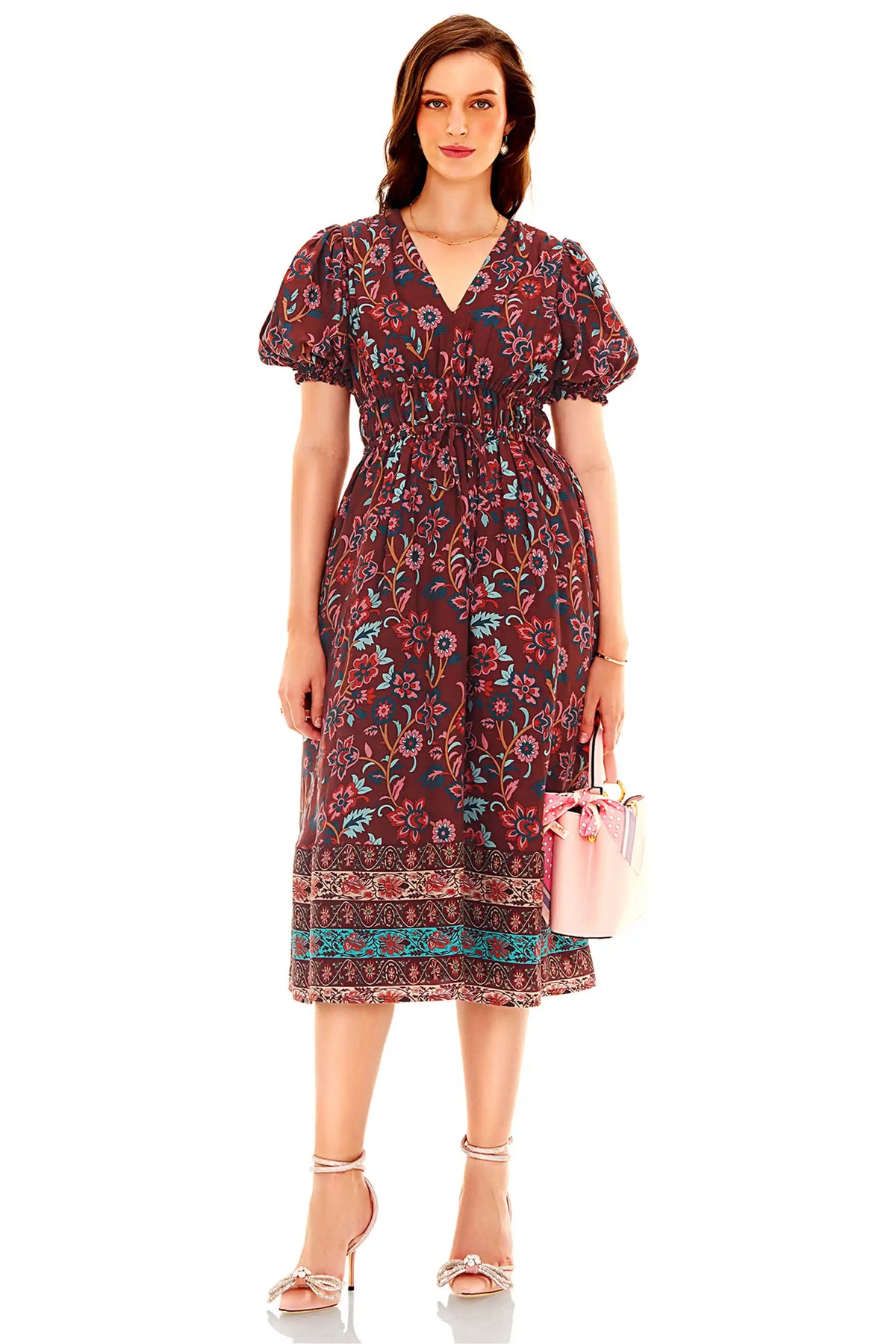 Pretty Pixie burgundy floral puff sleeve midi dress front