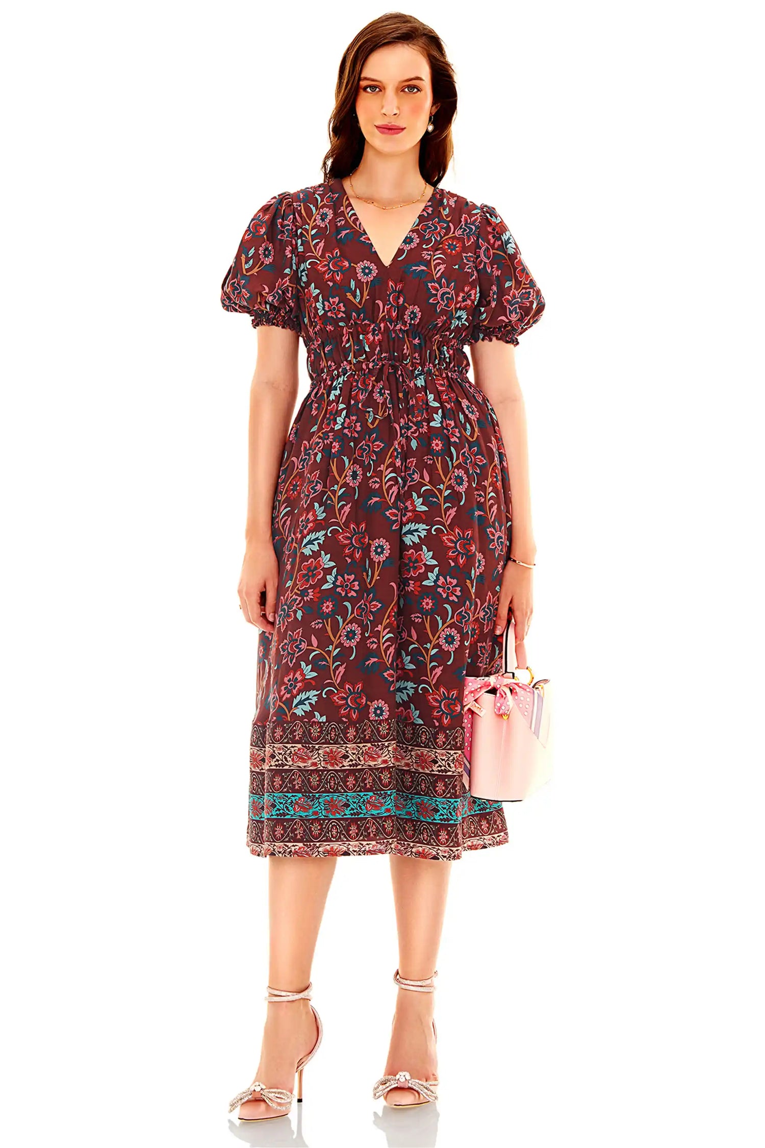 Front view of burgundy puff sleeve floral midi dress with v-neckline and shirred waist
