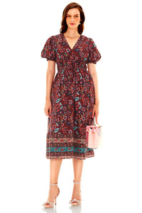 Pretty Pixie burgundy floral puff sleeve midi dress front
