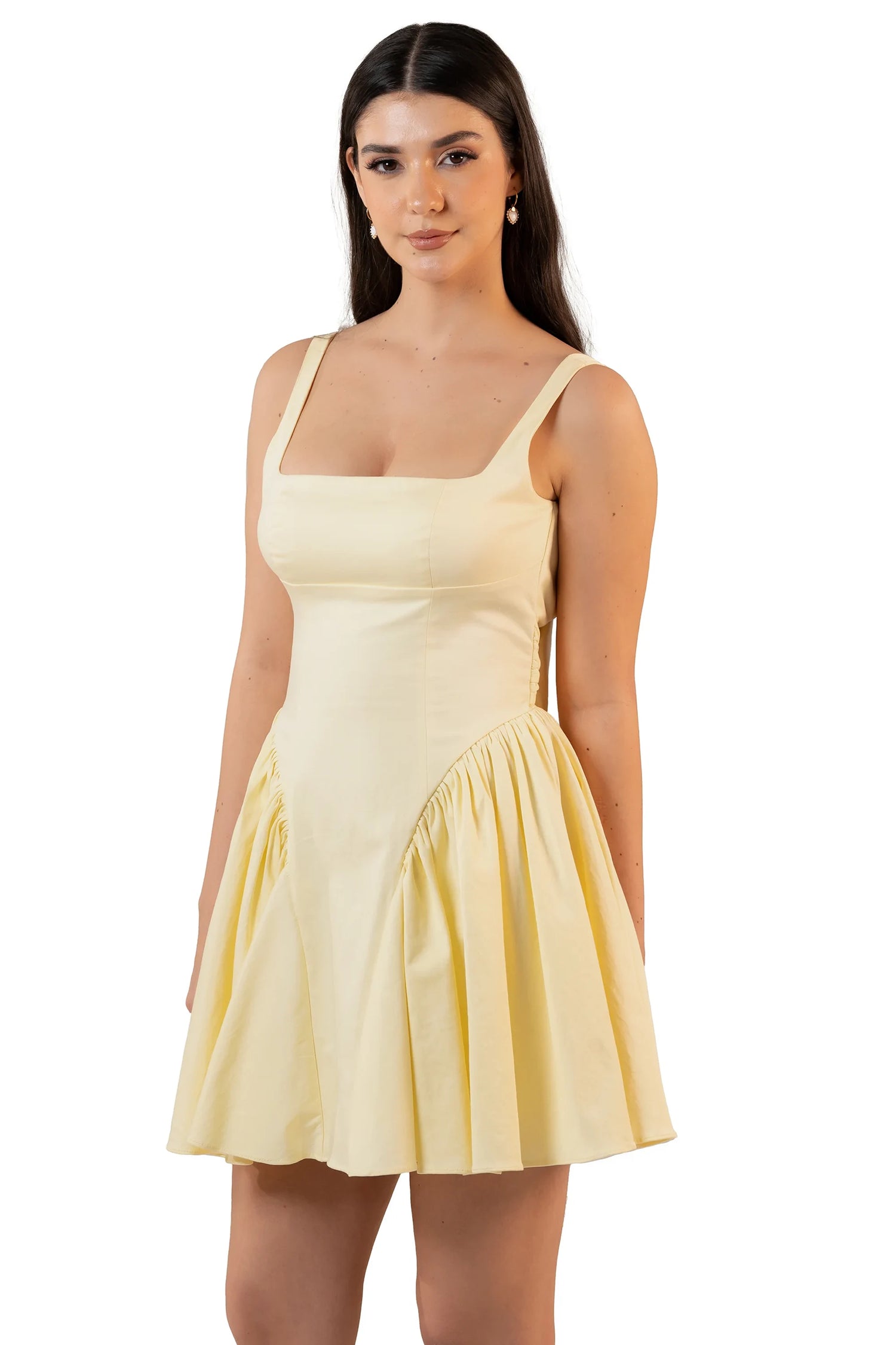 Butter yellow square-neck mini dress bodice close-up