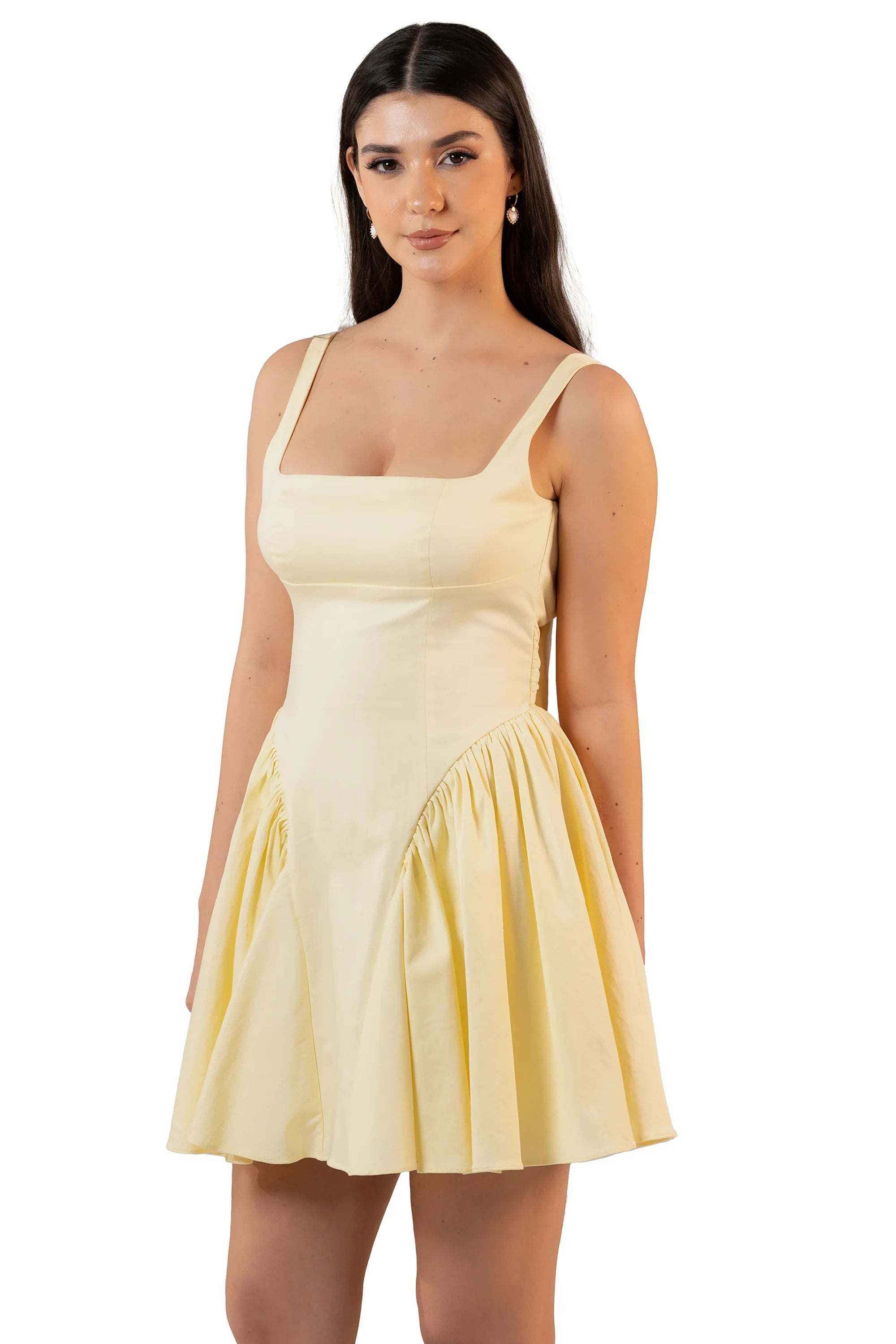 Butter yellow square-neck mini dress bodice close-up