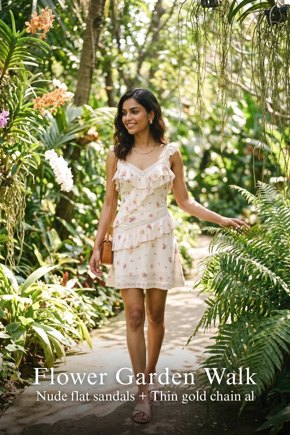 Pretty Pixie buttercream rose lace ruffle mini dress for flower garden walk.
