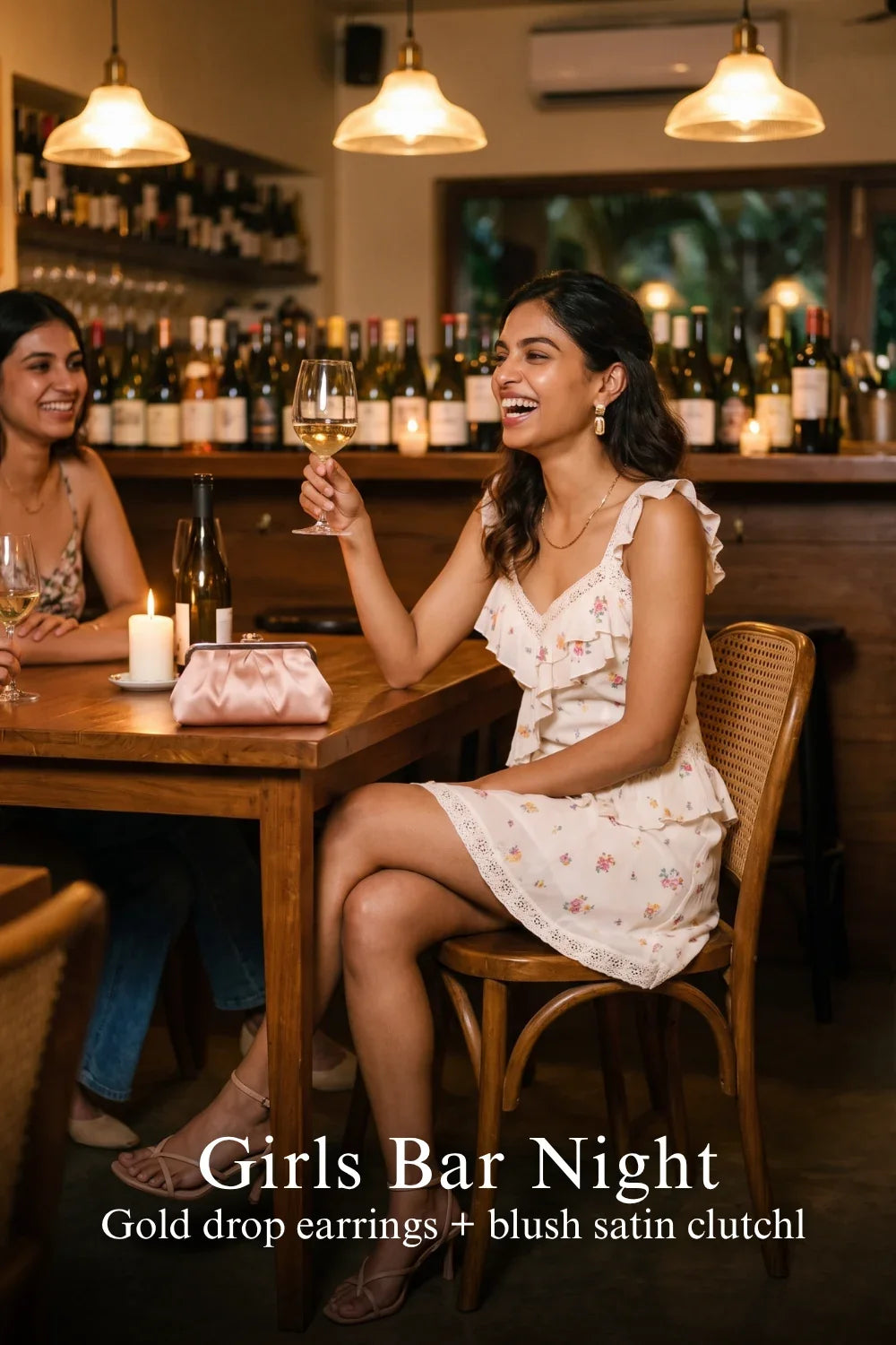 Pretty Pixie buttercream rose lace ruffle mini dress for wine bar night out.