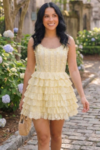 Buttercream Yellow | Eyelet tiered ruffle corset mini dress front detail