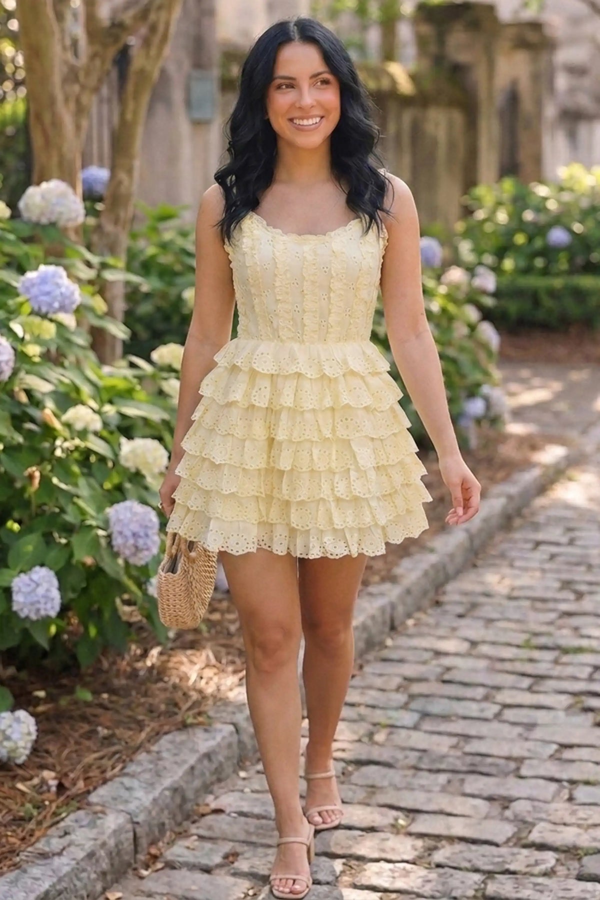 Buttercream Yellow Eyelet Tiered Ruffle Corset Mini Dress