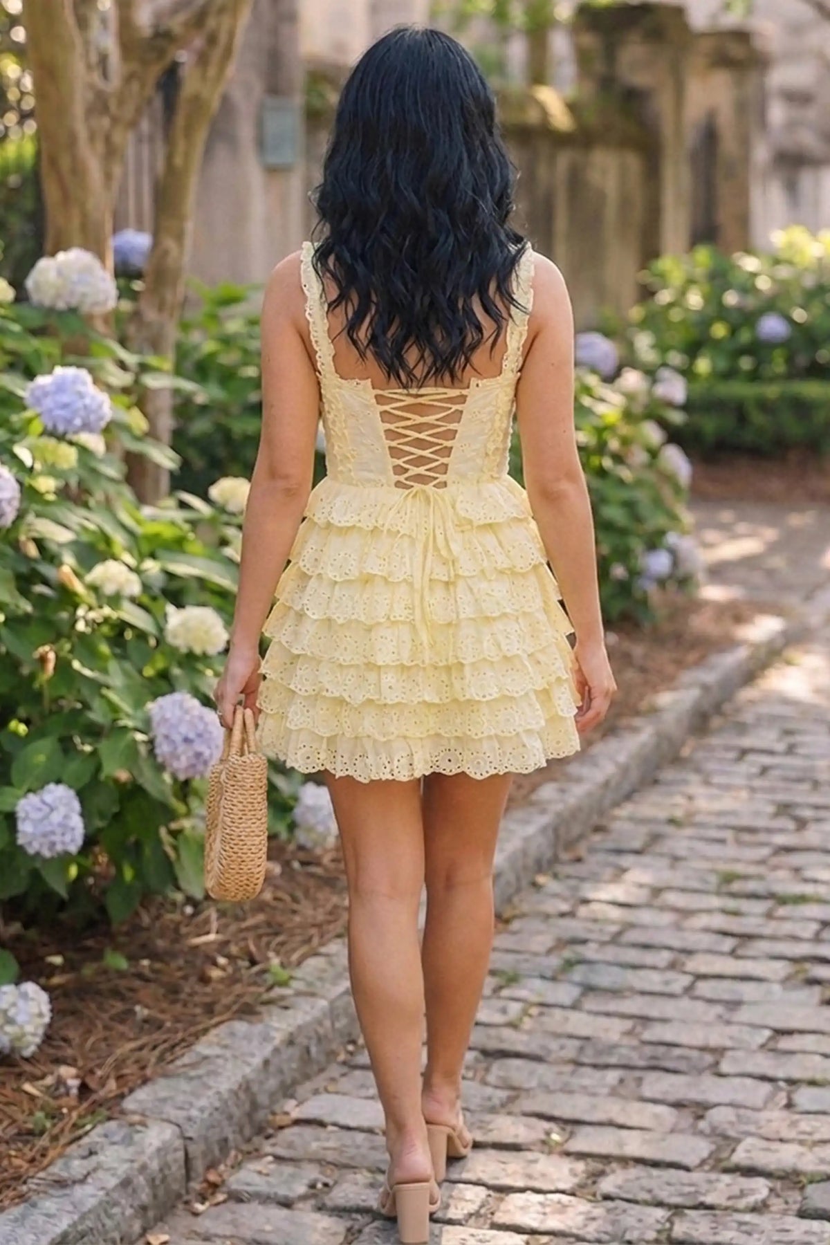 Buttercream Yellow Eyelet Tiered Ruffle Corset Mini Dress