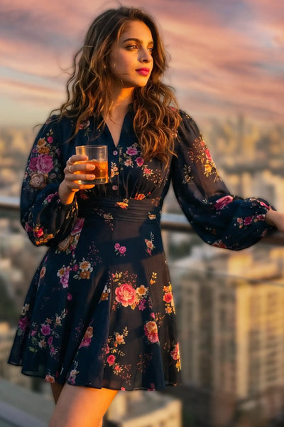 Woman holding a drink at rooftop sunset wearing Pretty Pixie's Camilla navy floral puff-sleeve mini dress with belted waist