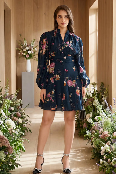 Camilla Twilight Rose Belted Puff-Sleeve Mini Dress
