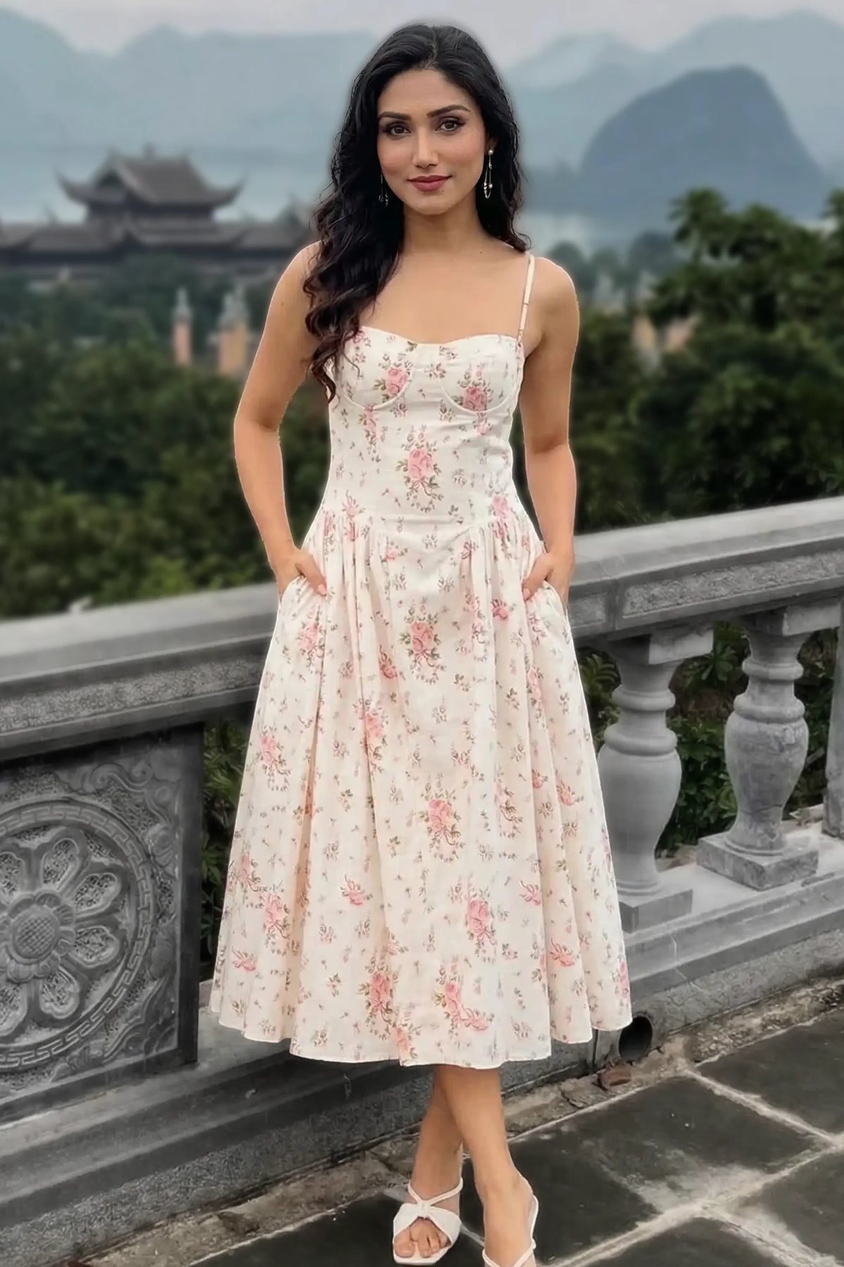 Floral Bustier Midi Dress · PE-1901124 — cream-white-floral