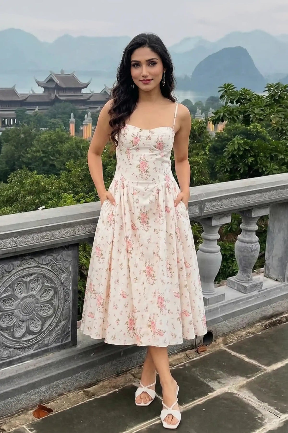 Ivory Floral Bustier Women Midi Dress