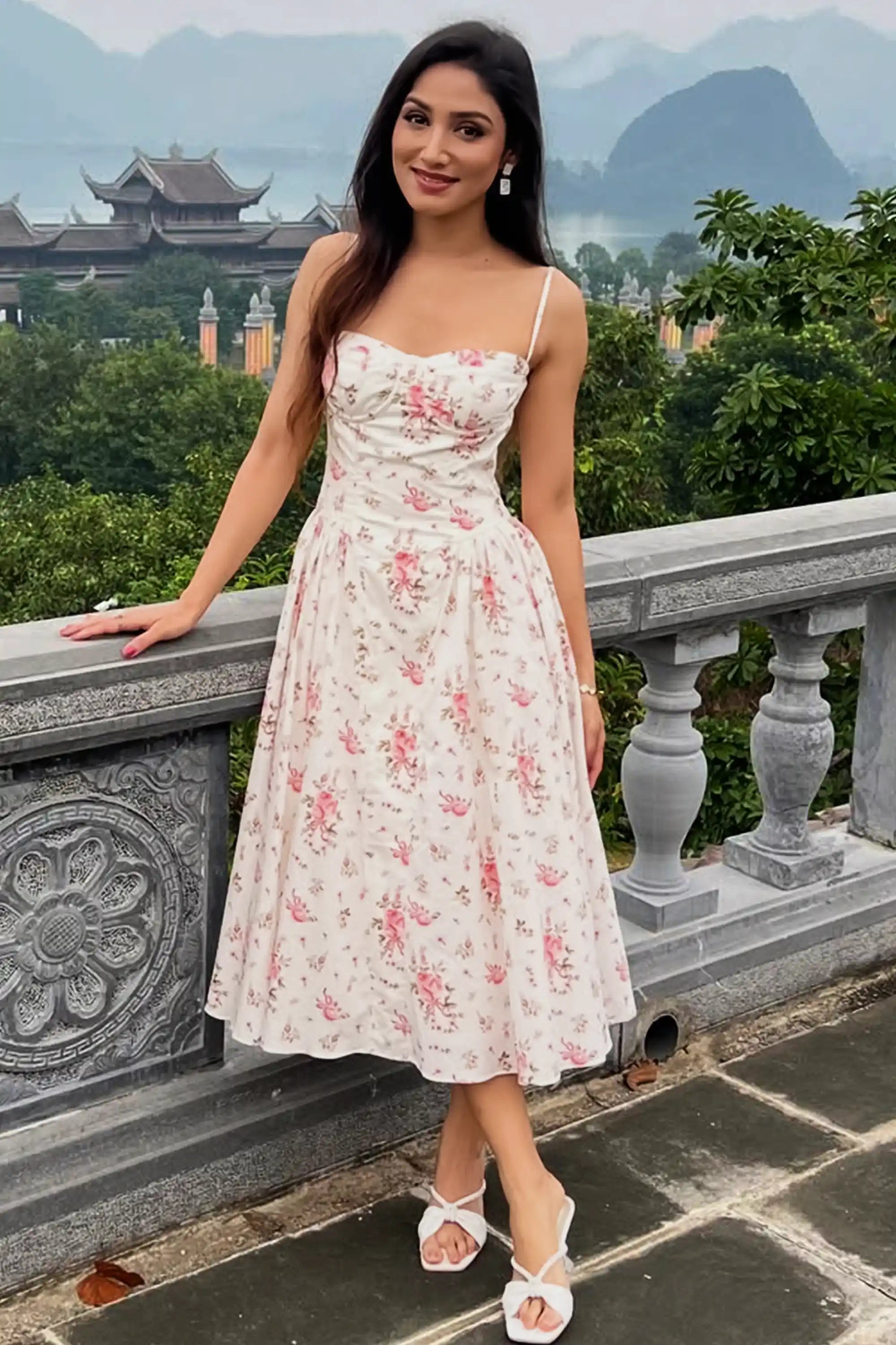 Ivory Floral Bustier Strap Cotton Midi Dress