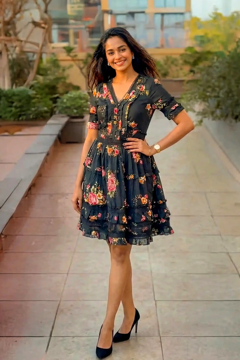 Mugdha Chaphekar in floral short dress from fashion catalog, celebrity style inspiration, Prettypixie India