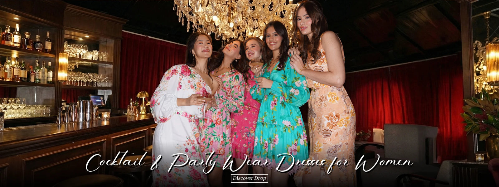women in cocktail and party wear dresses at a bar, evening occasion wear for women, Pretty Pixie India