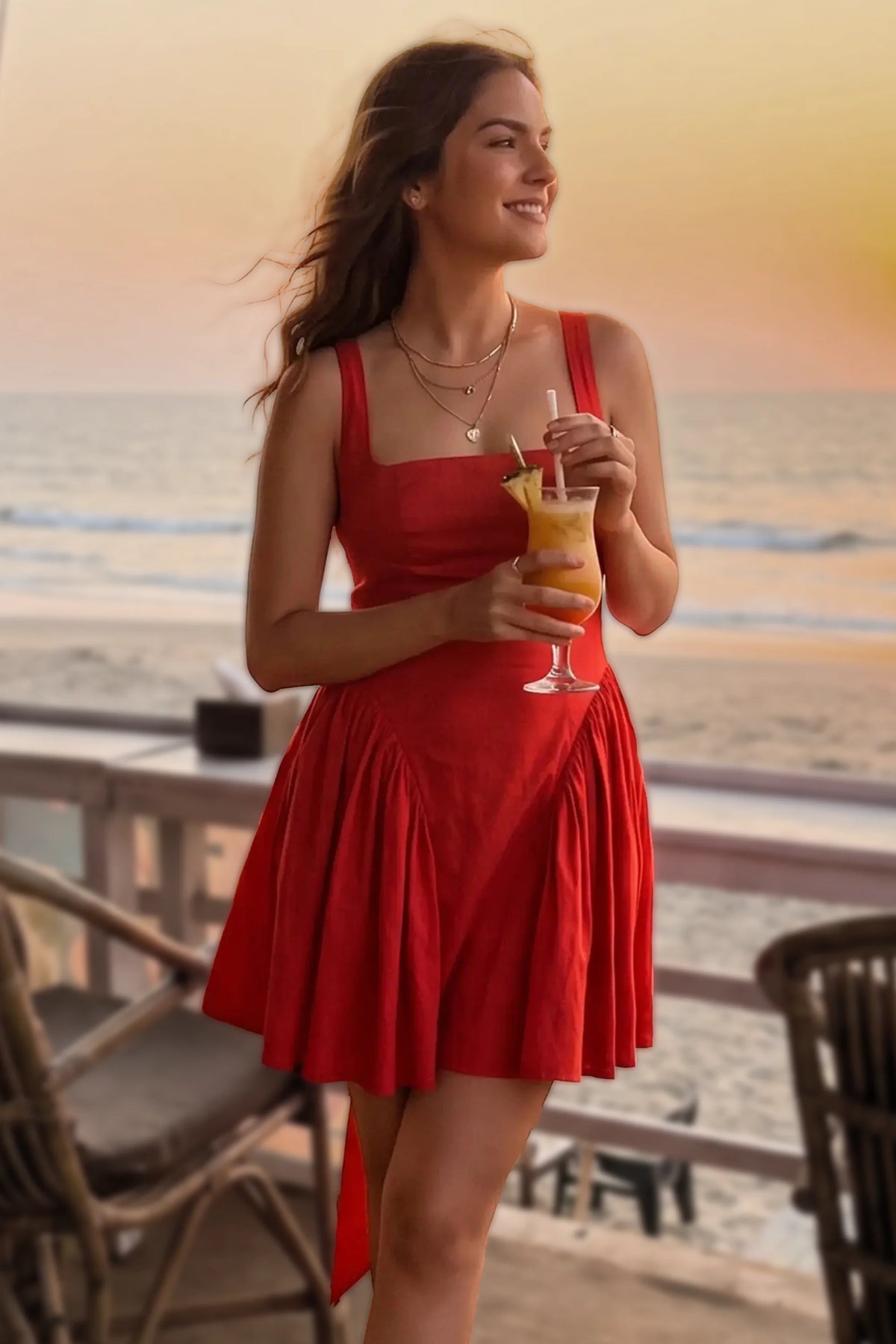 Pleated Square-Neck Mini Dress — coral-red