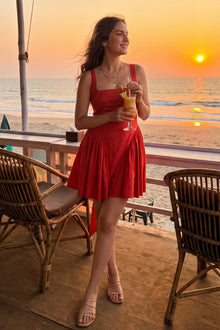 Coral Red Pleated Square-Neck Mini Dress