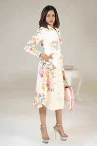 Cream floral belted shirt dress side view with long sleeves and button front