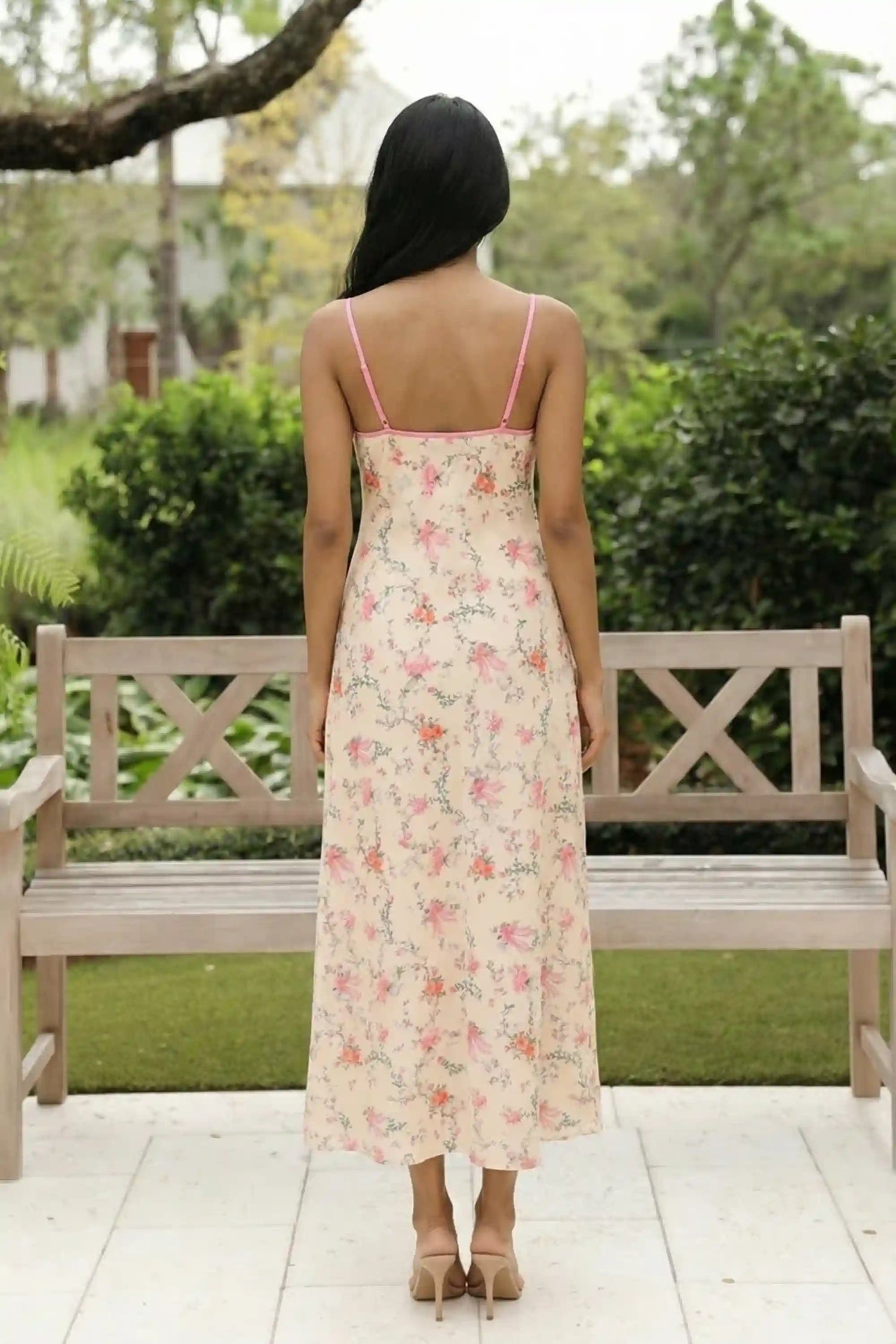 Pretty Pixie cream floral bow print lace bustier slip maxi dress back view open back