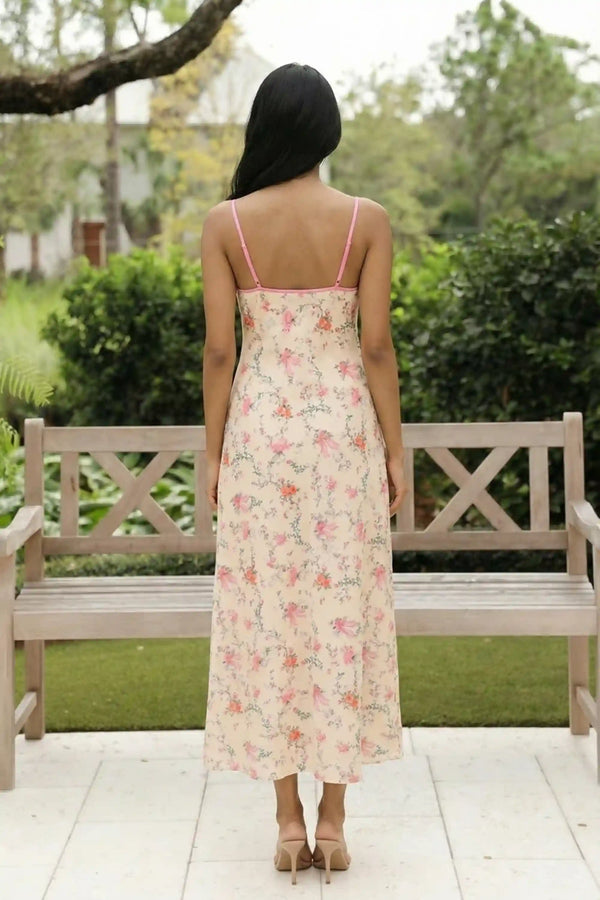 Cream Floral Bow Print Lace Bustier Slip Maxi Dress — view 2