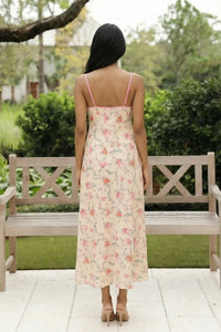 Pretty Pixie Ivory Cream floral bow print lace bustier slip maxi dress for women, back view open back