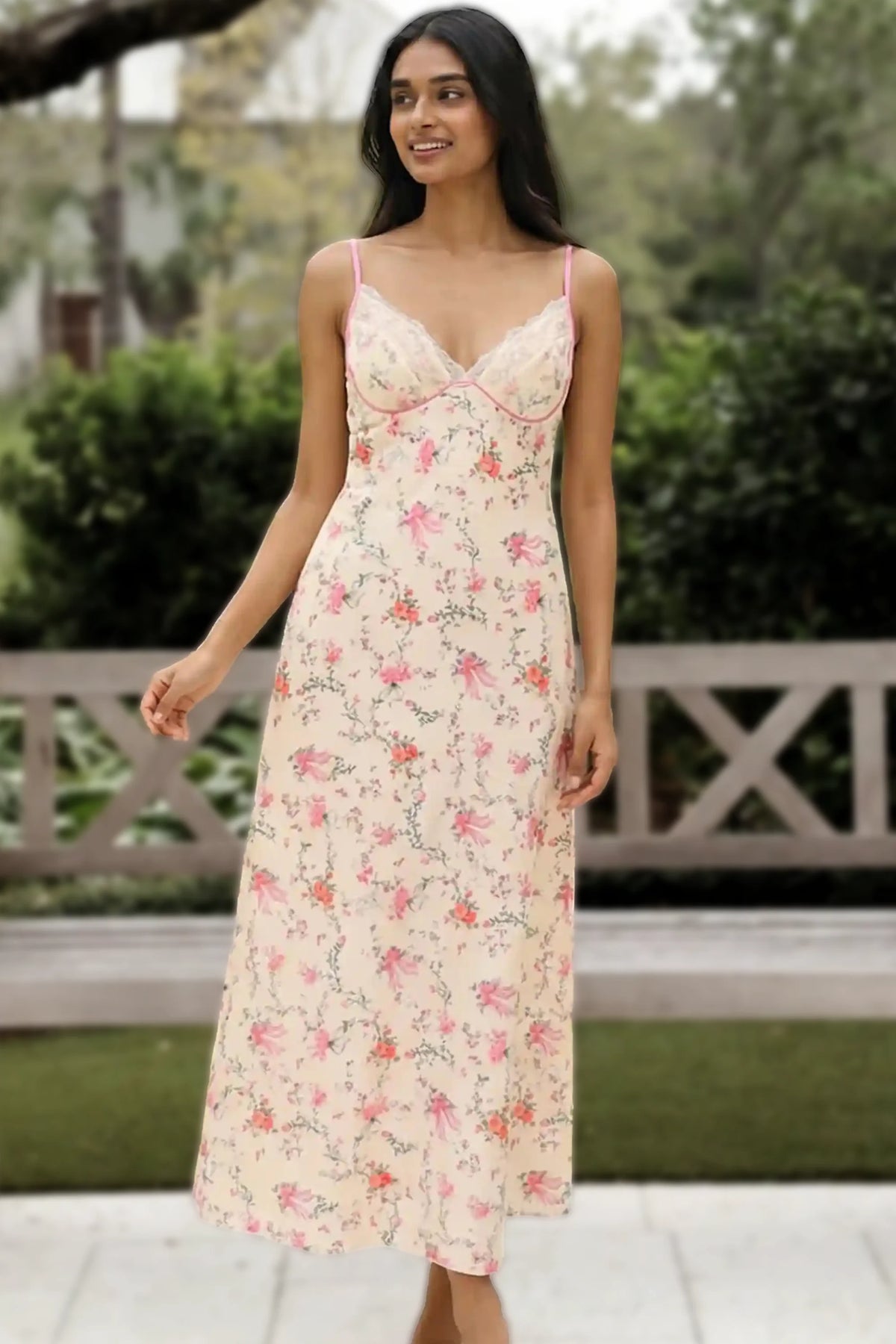 Floral Bow Print Lace Bustier Slip Maxi Dress — ivory-cream