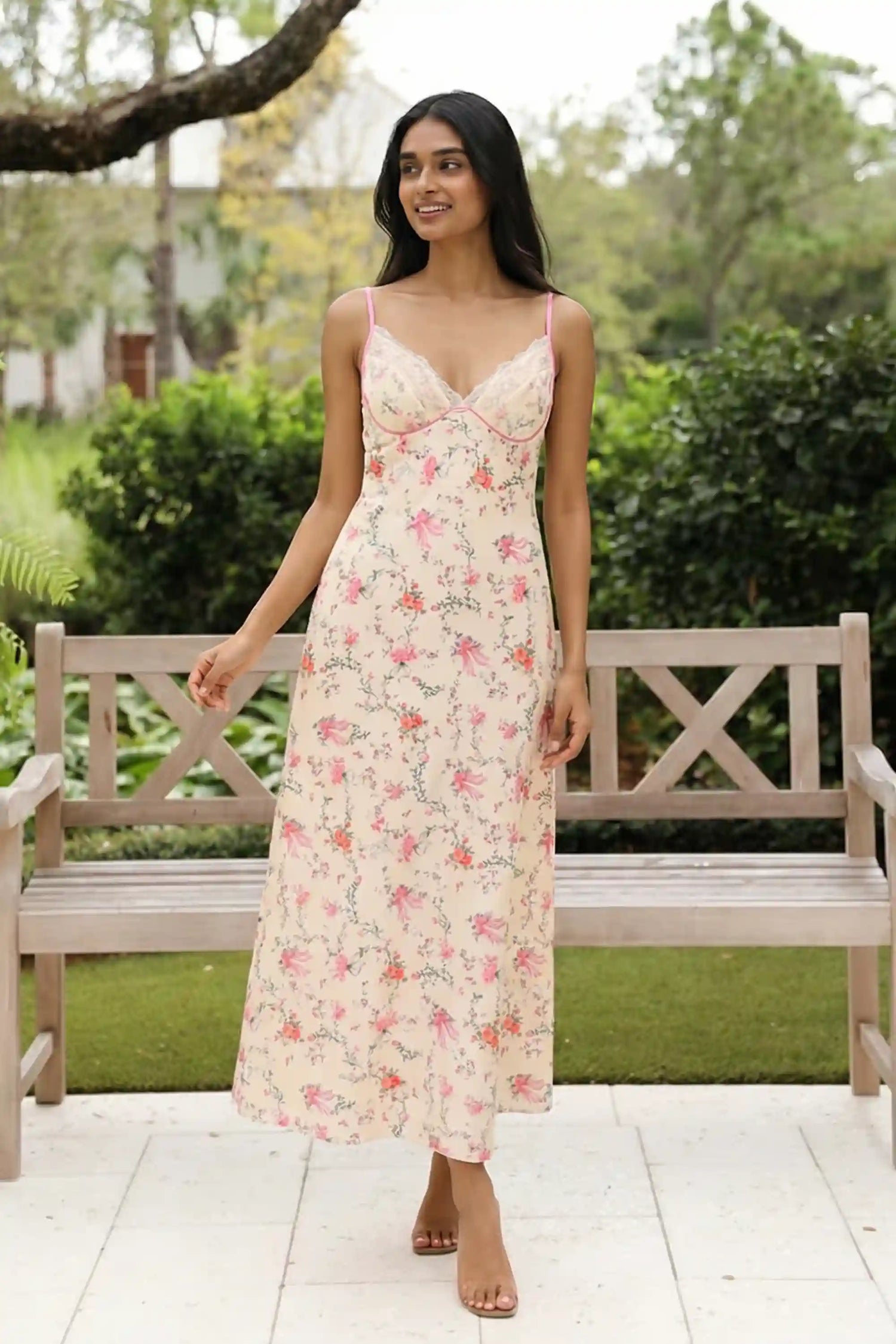 Pretty Pixie cream floral bow print lace bustier slip maxi dress front view satin
