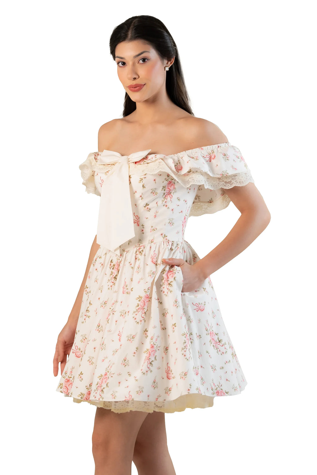 Front view of cream floral off-shoulder mini dress with ruffled sleeves and flared skirt.