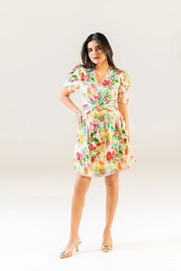 Front view of cream puff sleeve floral short dress with colorful design