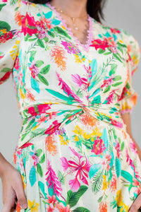 Cream puff sleeve floral short dress with waist knot detail