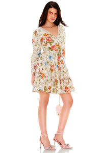 Cream floral V-neck tiered mini dress with long sleeves side view