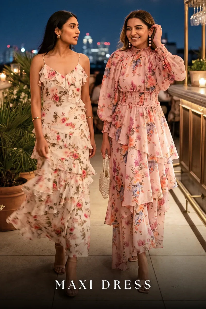 Women wearing organic cotton floral maxi dresses with ruffle layers on rooftop at night; elegant evening occasion long dresses for women