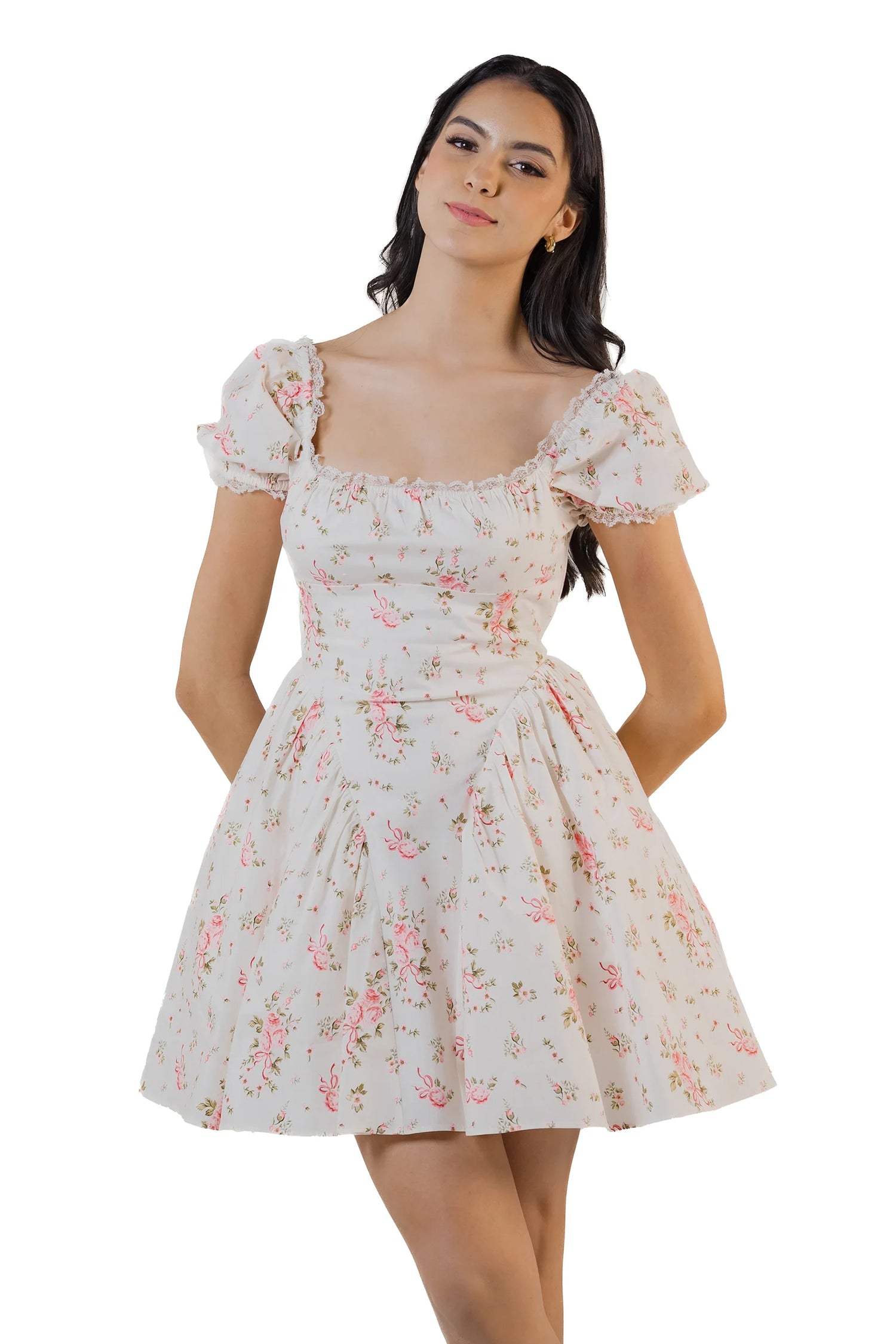 Front view of cream white floral mini dress with square neckline, puff sleeves, and flared skirt.