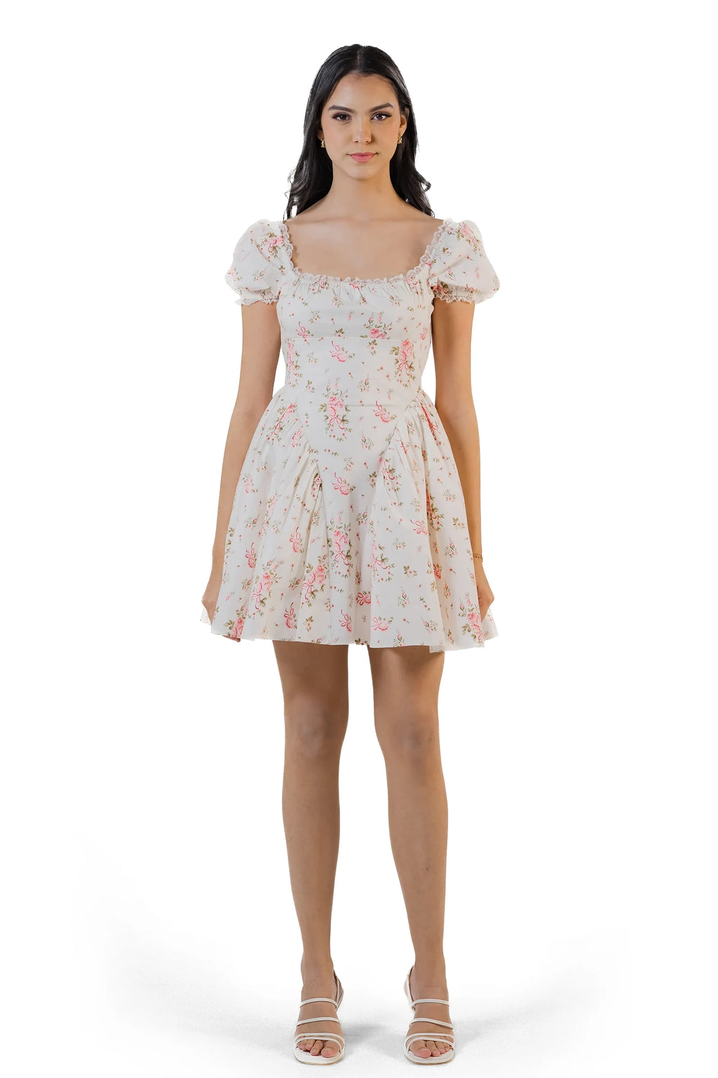 Front view of cream white floral mini dress with square neckline, puff sleeves, and flared skirt.