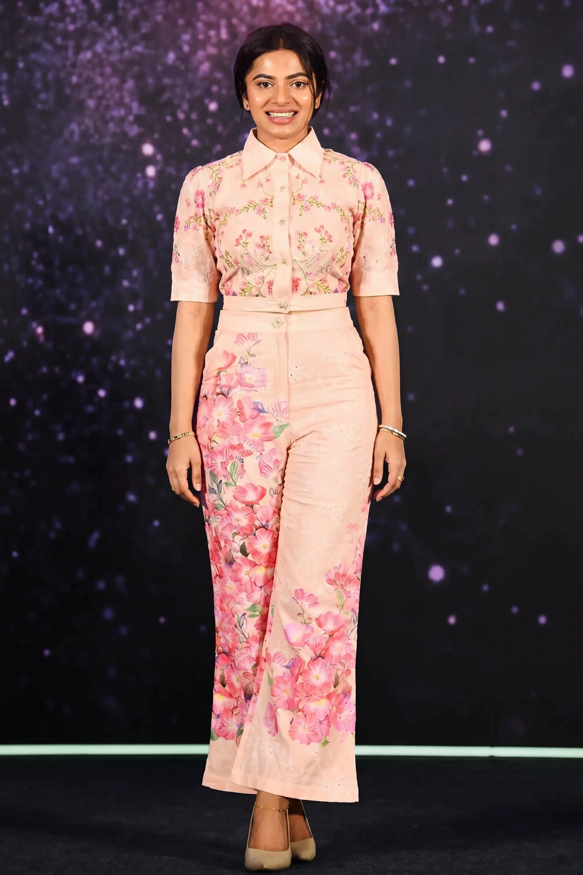 Delna Davis wearing Pretty Pixie Brooklyn Blush Pink cropped shirt and flare pants floral co-ord set — shop online India