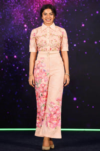 Delna Davis wearing Pretty Pixie Brooklyn Blush Pink cropped shirt and flare pants floral co-ord set — shop online India