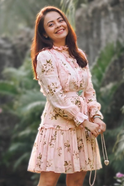 Devoleena pink floral ruffled tiered mini dress: ruffle collar puff sleeves women casual